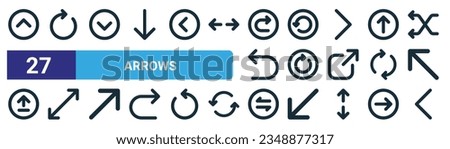 set of 27 outline web arrows icons such as up chevron, rotation, down chevron, rotate left, rotate right, expand arrows, transfer data, left chevron vector thin line icons for web design, mobile