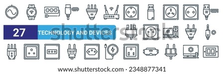 set of 27 outline web technology and devices icons such as ac power, smartwatch, power strip, flashdisk, power socket, socket, socket, switch vector thin line icons for web design, mobile app.