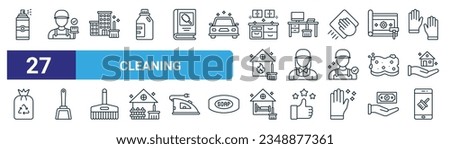 set of 27 outline web cleaning icons such as spray, cleaning service, resort, office, maid, dustpan, airbnb cleaning, app vector thin line icons for web design, mobile app.