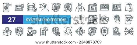 set of 27 outline web system protection icons such as security, protected profile, database security, online privacy, certificate, protection, ass, retina scan vector thin line icons for web design,