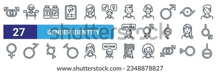 set of 27 outline web gender identity icons such as homosexual, podium, hormones, bigender, bigender, demiboy, rainbow, genderless vector thin line icons for web design, mobile app.