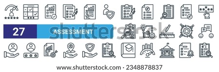 set of 27 outline web assessment icons such as perfore, agenda, results, grading, implementation, experian, academic, review vector thin line icons for web design, mobile app.