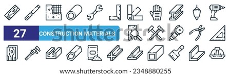 set of 27 outline web construction materials icons such as plank, chisel, concrete, glove, crossed hammers, caliper, steel, helmet vector thin line icons for web design, mobile app.