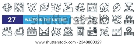 set of 27 outline web water in the nature icons such as water cycle, canal, snow, ocean, pond, puddle, water well, sewer vector thin line icons for web design, mobile app.