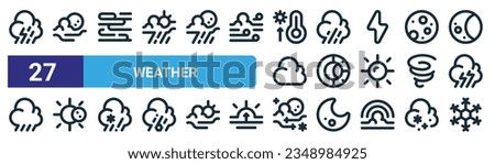 set of 27 outline web weather icons such as storm, cloudy night, fog, heavy rain, day and night, solar eclipse, starry night, snowflake vector thin line icons for web design, mobile app.