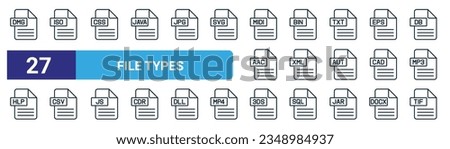 set of 27 outline web file types icons such as dmg, iso, css, bin, xml, csv, ds, tif vector thin line icons for web design, mobile app.
