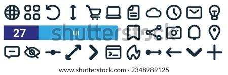 set of 27 outline web ui icons such as web, dashboard, history, cloud, share, hide, fire, add vector thin line icons for web design, mobile app.