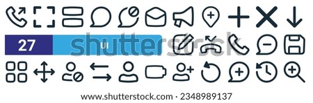 set of 27 outline web ui icons such as call out, expand, rows, location, phone call, move, add user, zoom in vector thin line icons for web design, mobile app.