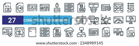 set of 27 outline web computer programming icons such as script, c sharp, bug, server, compiler, exception, network, script vector thin line icons for web design, mobile app.