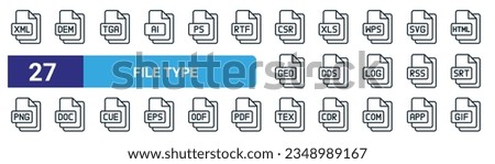 set of 27 outline web file type icons such as xml, dem, tga, xls, dds, doc, tex, gif vector thin line icons for web design, mobile app.