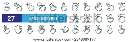 set of 27 outline web hand gestures icons such as flick, double tap, drag, swipe up, hold, swipe, flick, touching vector thin line icons for web design, mobile app.