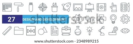 set of 27 outline web design and development icons such as work order, paint roller, usb drive, whiteboard, computer mouse, folder, chemical, eye vector thin line icons for web design, mobile app.
