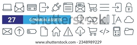 set of 27 outline web common assets icons such as laptop, open email, card, cart minus, empty battery, arrow, download, open folder vector thin line icons for web design, mobile app.
