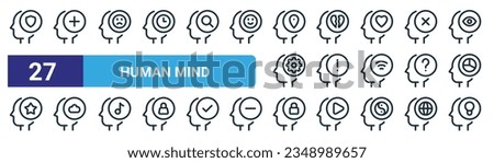 set of 27 outline web human mind icons such as shield, plus, sad, broken heart, alert, cloud, padlock, idea vector thin line icons for web design, mobile app.
