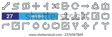 set of 27 outline web arrows icons such as expand, route, repeat once, reload, download, maximize, minimize, split vector thin line icons for web design, mobile app.