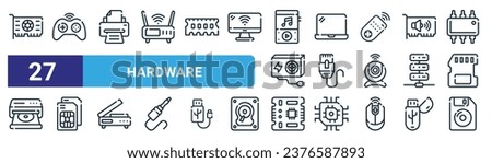 set of 27 outline web hardware icons such as vga, controller, printer, laptop, ethernet, sim, motherboard, diskette vector thin line icons for web design, mobile app.