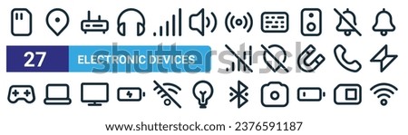 set of 27 outline web electronic devices icons such as memory card, map pin, router, keyboard, location off, laptop,  , wifi vector thin line icons for web design, mobile app.