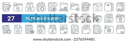 set of 27 outline web files and folders icons such as writing, video folder, file upload, check list, add file, video file, coding, business vector thin line icons for web design, mobile app.