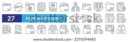set of 27 outline web files and folders icons such as binder, cloud folder, folder, remove folder, block, network, exchange, file download vector thin line icons for web design, mobile app.