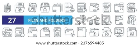 set of 27 outline web files and folders icons such as pushpin, medical, music file, search, clouds, file upload, case, music folder vector thin line icons for web design, mobile app.