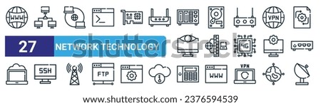 set of 27 outline web network technology icons such as www, lan, wan, hdd, firewall, ssh, storage, antenna vector thin line icons for web design, mobile app.