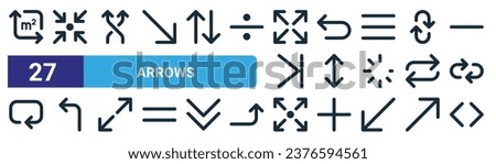 set of 27 outline web arrows icons such as area, meeting point, shuffle, undo, height, turn left, expand, left and right arrows vector thin line icons for web design, mobile app.
