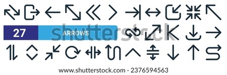 set of 27 outline web arrows icons such as change, log out, left arrow, wide, size, up and down arrow, up chevron, zigzag arrow vector thin line icons for web design, mobile app.