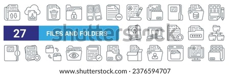 set of 27 outline web files and folders icons such as folder transferring, cloud, delete file, analytical, folder, favorite, documents, binary vector thin line icons for web design, mobile app.