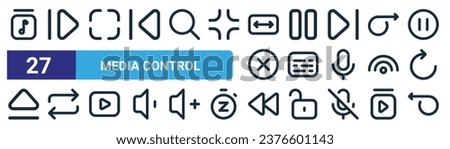 set of 27 outline web media control icons such as music library, fast forward, fullscreen, pause button, subtitle, shuffle, rewind, backward vector thin line icons for web design, mobile app.