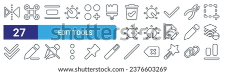 set of 27 outline web edit tools icons such as reflect, command, spacing, dial max, dial off, pen, line, bottom alignment vector thin line icons for web design, mobile app.