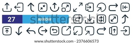 set of 27 outline web arrow icons such as upload,  , arrow up, login, download, arrow down, bottom left, login vector thin line icons for web design, mobile app.