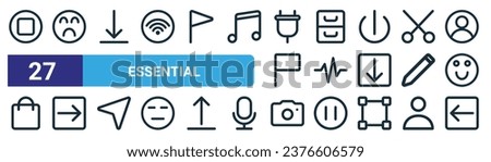 set of 27 outline web essential icons such as stop, unlike, download, drawer, activity, right, camera, previous vector thin line icons for web design, mobile app.