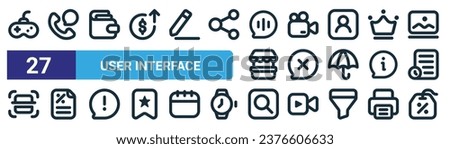 set of 27 outline web user interface icons such as game, telephone, wallet, video camera, cancel, tax, search, voucher vector thin line icons for web design, mobile app.