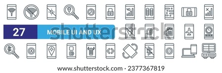 set of 27 outline web mobile ui and ux icons such as wifi, no internet, off, storage, brightness, brightness, rotation, dvr vector thin line icons for web design, mobile app.
