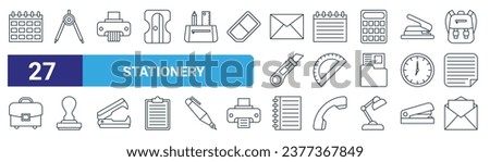 set of 27 outline web stationery icons such as planner, compass, paper shredder, notepad, protactor, rubber stamp, notebook, open envelope vector thin line icons for web design, mobile app.