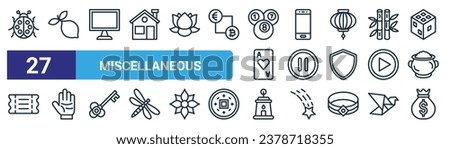 set of 27 outline web miscellaneous icons such as ladybug, lemon, screen, mobile, pause, hand, lantern, money bag vector thin line icons for web design, mobile app.