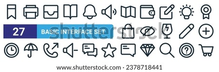 set of 27 outline web basic interface set icons such as bookmark, print, mailboxes, wallet, blind, open umbrella, chat, cart vector thin line icons for web design, mobile app.