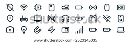 linear electronic devices icon pack. vector thin line battery full, wifi, microchip, computer mouse, no connection, speaker box,  , laptop icons suitable for apps and websites ui designs