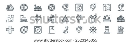 linear map and navigation icon pack. vector thin line fountain, globe, airport, paper, driving, roadside, point, gas station icons suitable for apps and websites ui designs