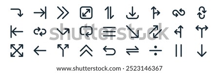 linear arrows icon pack. vector thin line pause, next, right chevron, infinity, repeat, alternate, undo, down arrow icons suitable for apps and websites ui designs