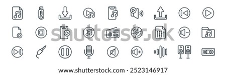 linear audio icon pack. vector thin line music, flash drive, download, backward, music, audio folder, mute, vhs icons suitable for apps and websites ui designs