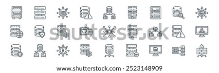 linear servers and networks icon pack. vector thin line local area network, server, data network, search data, local area network, private database storage, firewall icons suitable for apps and