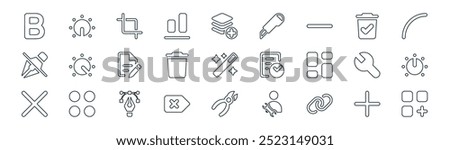 linear edit tools icon pack. vector thin line add, dial off, crop, trash, delete, dial med, wire cutter, menu icons suitable for apps and websites ui designs