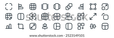 linear grid icon pack. vector thin line align center, left alignment, grid, format, grid, rotate right, icons suitable for apps and websites ui designs