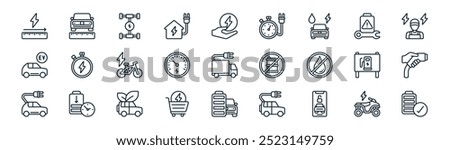 linear electric vehicles icon pack. vector thin line quad, range, chassis, battery, speedometer, charger, full battery, full battery icons suitable for apps and websites ui designs