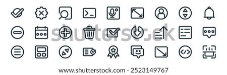 linear user interface icon pack. vector thin line coding, failure, find, navigation, spam, chat balloon, badge, barcode icons suitable for apps and websites ui designs