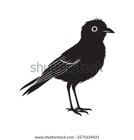 This image features a simple, black silhouette of a bird. It is depicted in a side profile, with its head turned slightly to the right. The bird has a short, pointed beak and a round eye. Its body is 