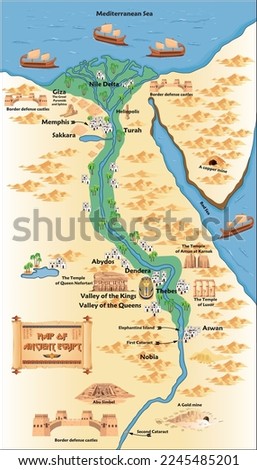 A map of ancient Egypt and its most important landmarks, temples and cities