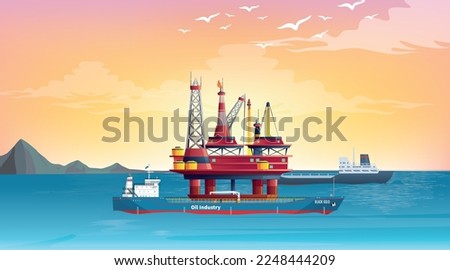 Drilling rig at sea. Oil platform, gas fuel, industry offshore, drill technology, vector illustration