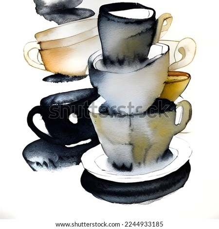 Watercolor tea cup sketch isolated, hand drawn coffee 